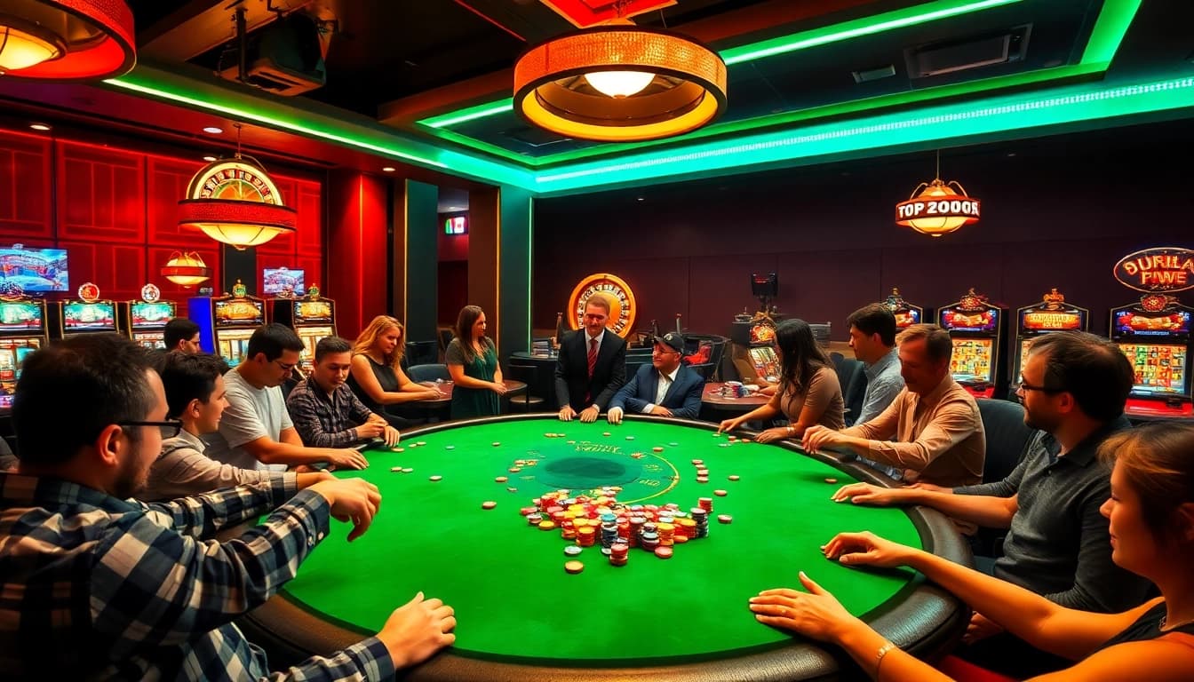 Players at a lively GO8 casino poker table, featuring vibrant chips and excitement.