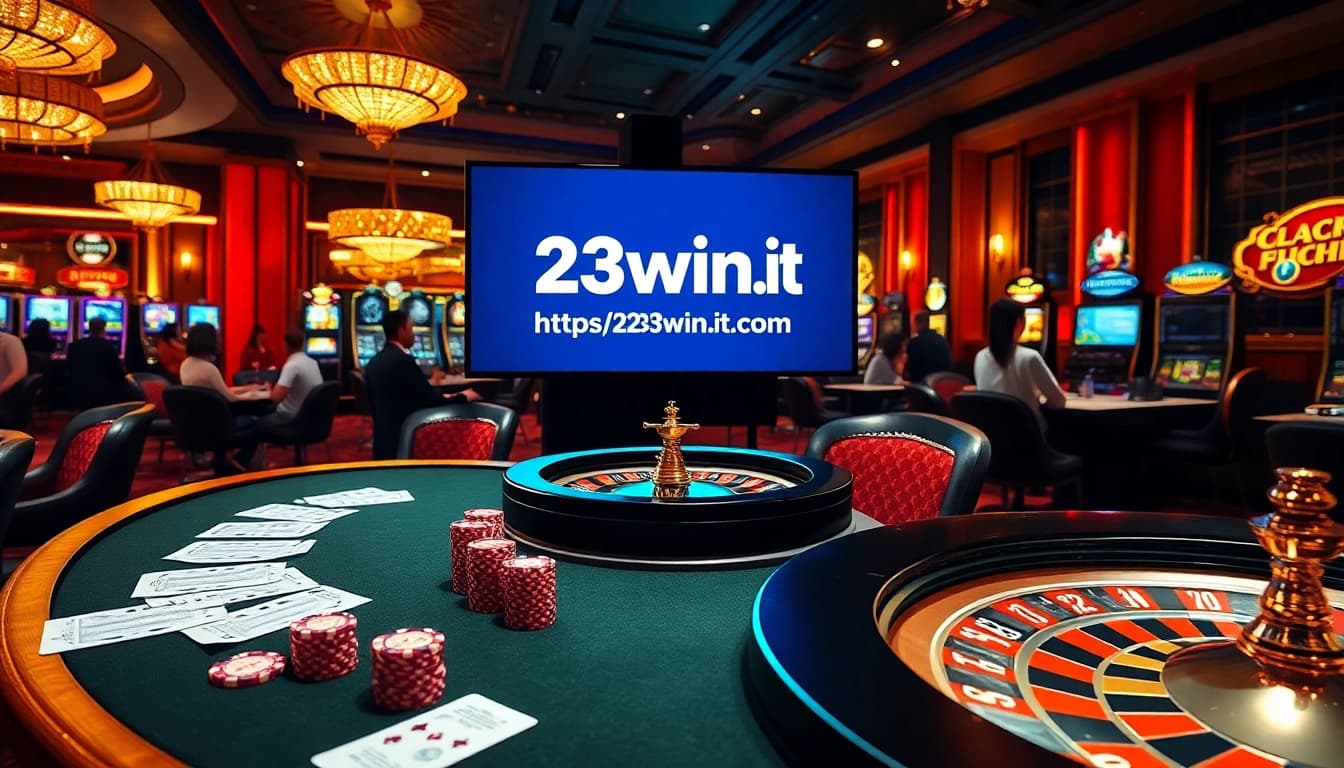 Players enjoying table games at a casino, featuring https://23win1.it.com on the display screen as they place bets.