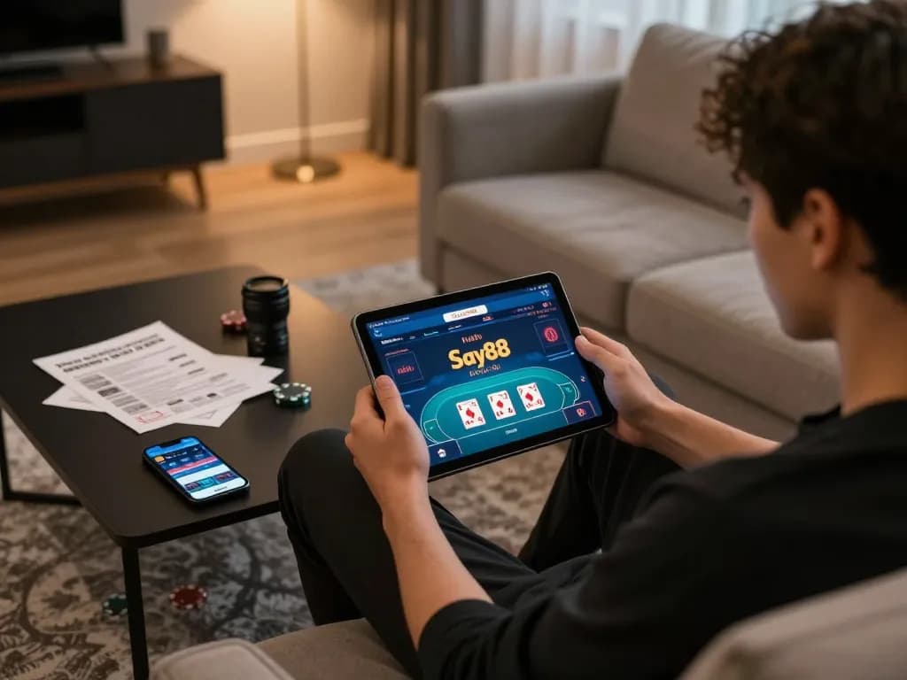 Engaging gaming moment on Say88 nhà cái with poker interface visible on a tablet, showcasing responsible gaming practices.