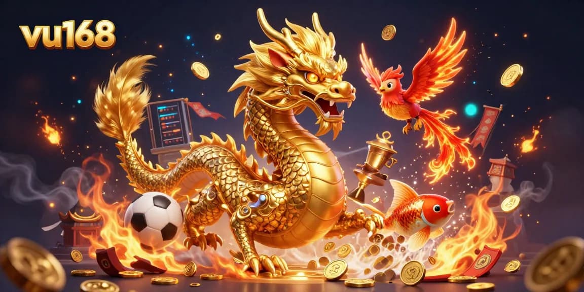 Place sports bets with expert insights at vu168, featuring a dragon and phoenix in a casino scene.