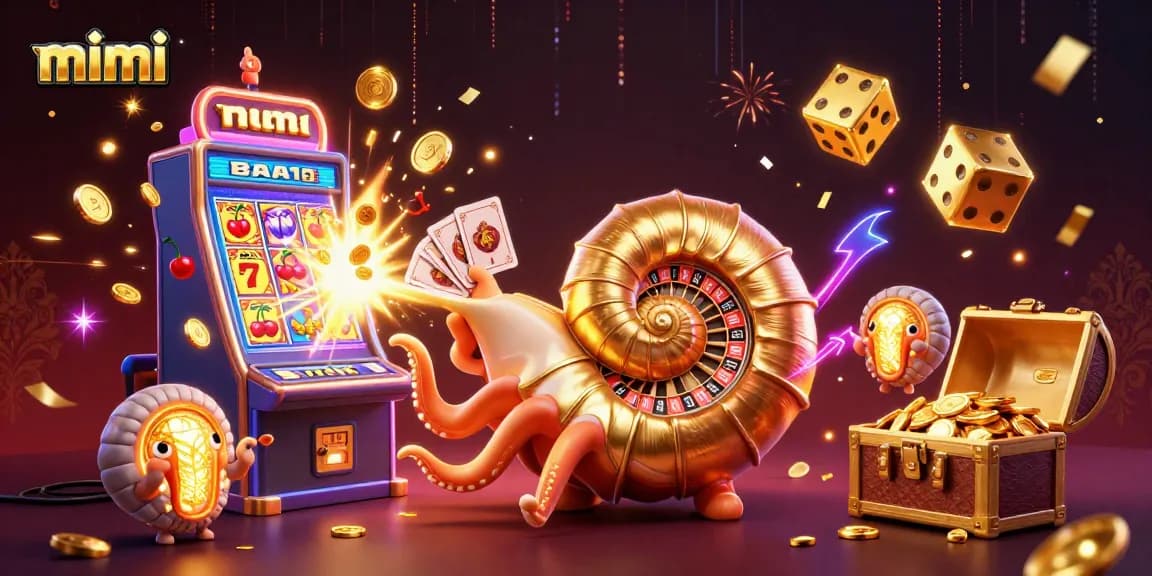 Engage in exhilarating gameplay with mimi's vibrant casino scene showcasing a giant nautilus as a roulette wheel.