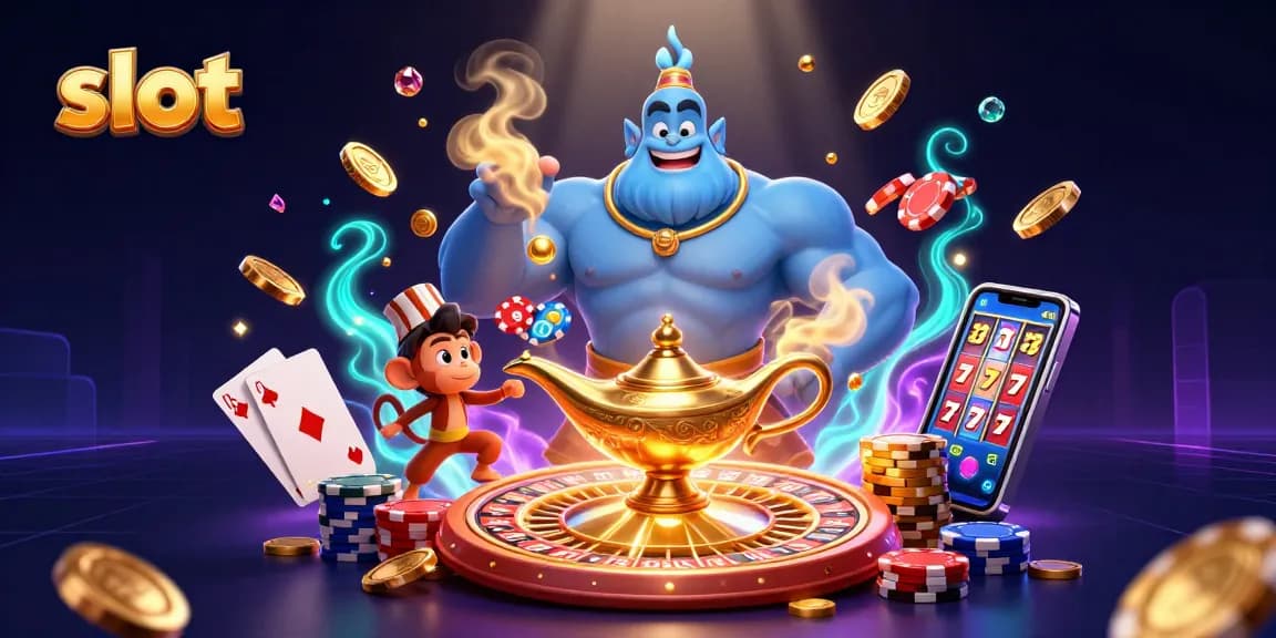Menangkan slot di WSLOT888 dengan genie yang keluar dari lampu dan koin emas beterbangan.
