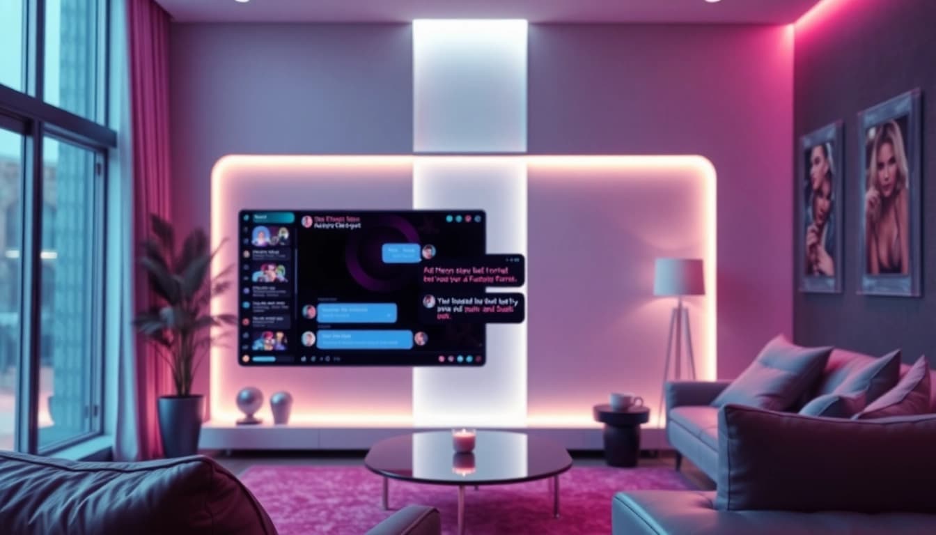 Intimate AI chat porn experience showcased through a sleek chatbot interface in a modern setting.