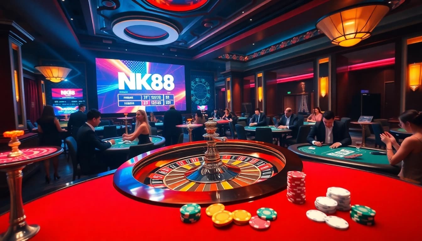 Experience excitement at NK88's luxurious casino tables with poker chips and cards.