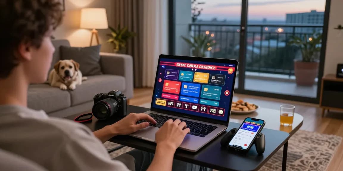 Person enjoying online gaming on laptop featuring casinos that accept credit cards, cozy living room with snacks and city view.