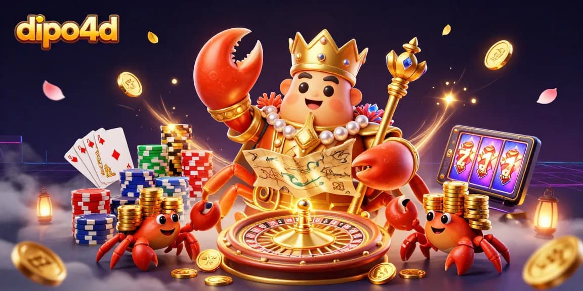 Dipo4d menghadirkan ilustrasi kasino 3D dengan kepiting emas raksasa dan berbagai elemen permainan menawan.