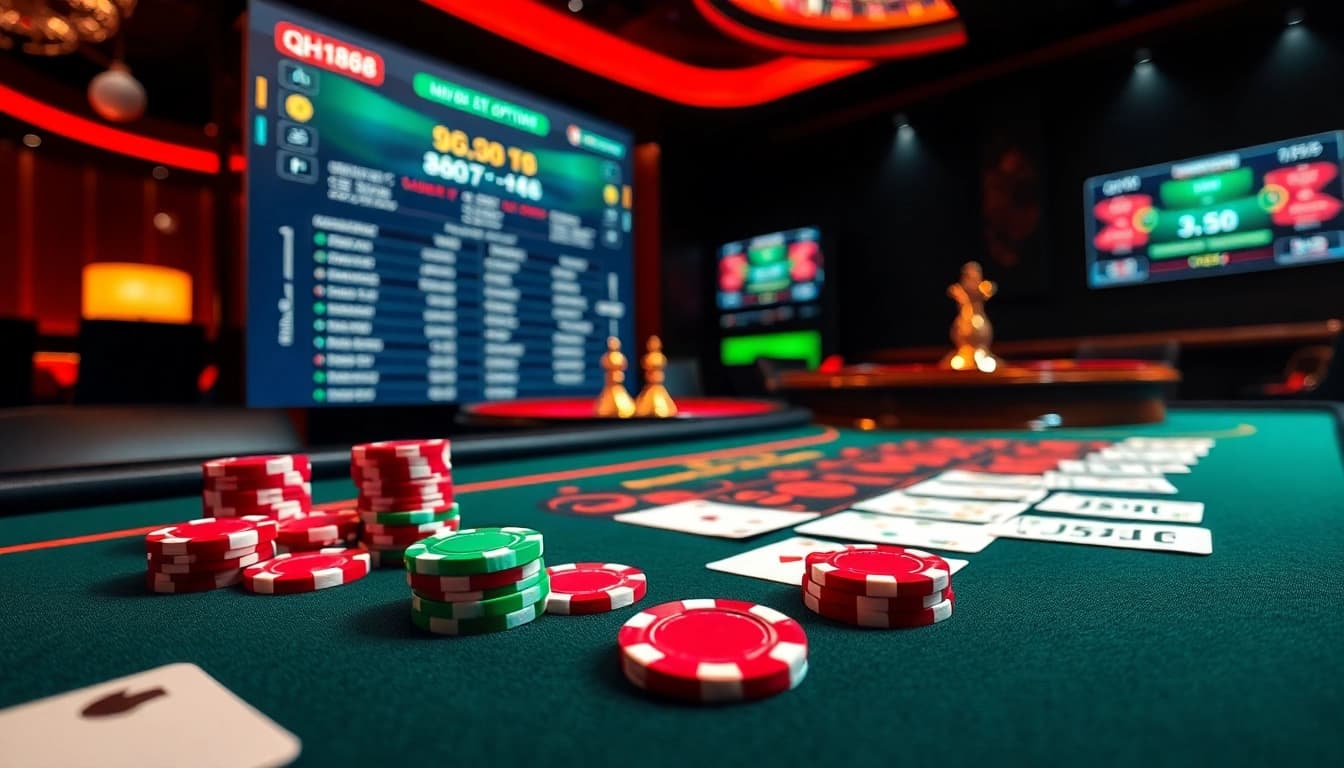 Exciting casino scene showcasing qh88 poker table with vibrant chips and betting slips, inviting players to join in.