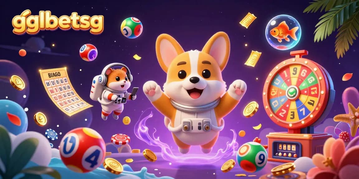 gglbetsg showcases an exhilarating scene with a cartoon corgi in a casino-inspired space station filled with gaming elements.