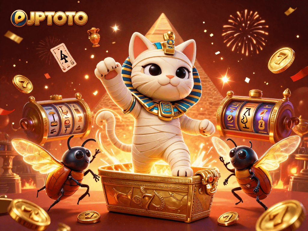 Experience thrilling wins with JPTOTO, featuring a mummy cat and glowing scarab in a vibrant casino.