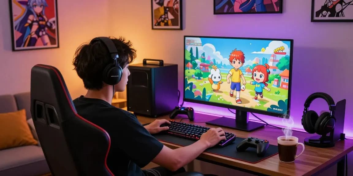 Player immersed in an ecchi game surrounded by gaming gear and a cozy atmosphere.