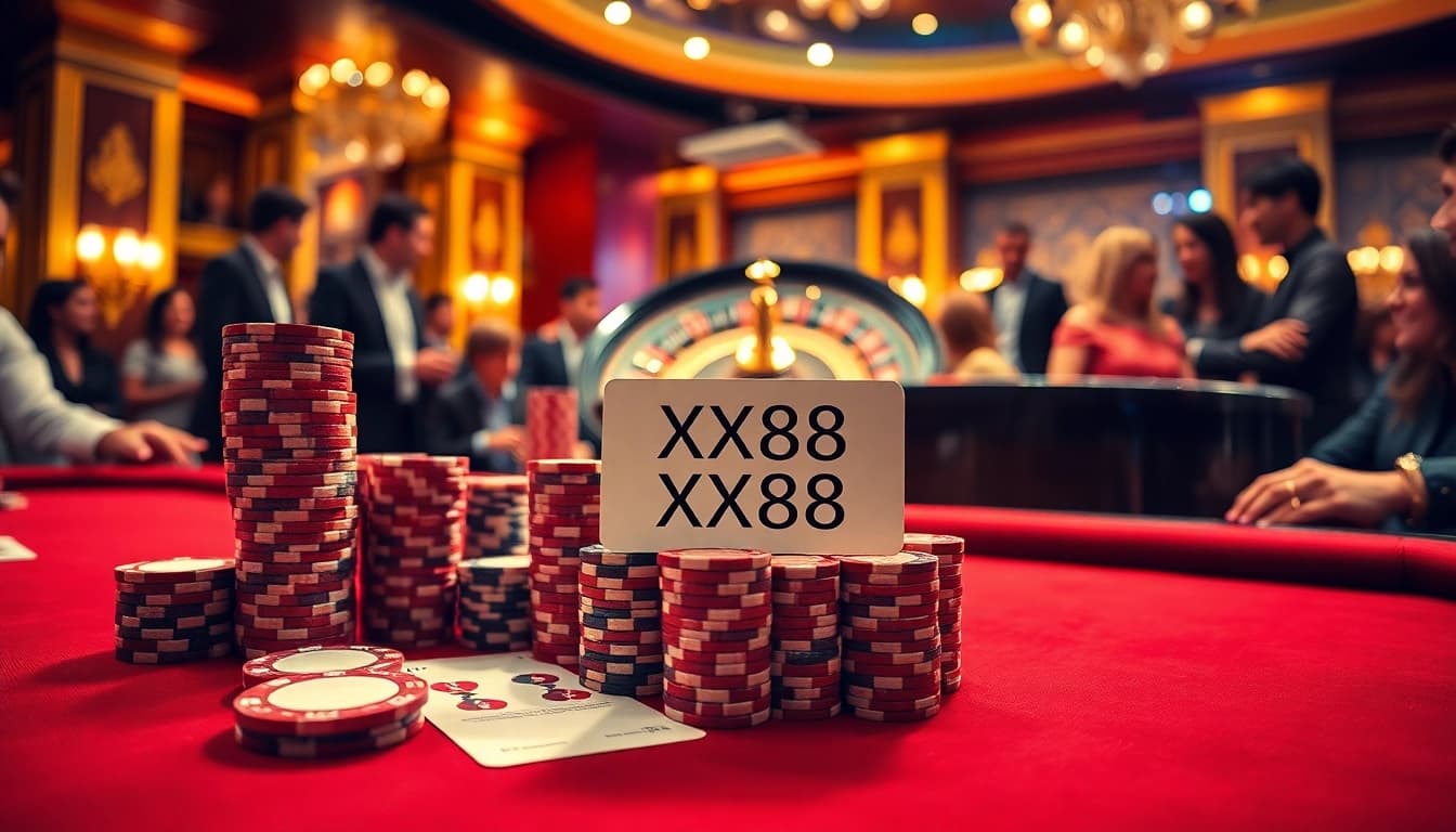XX88 poker table with chips and cards in an elegant casino setting, showcasing excitement and luxury.