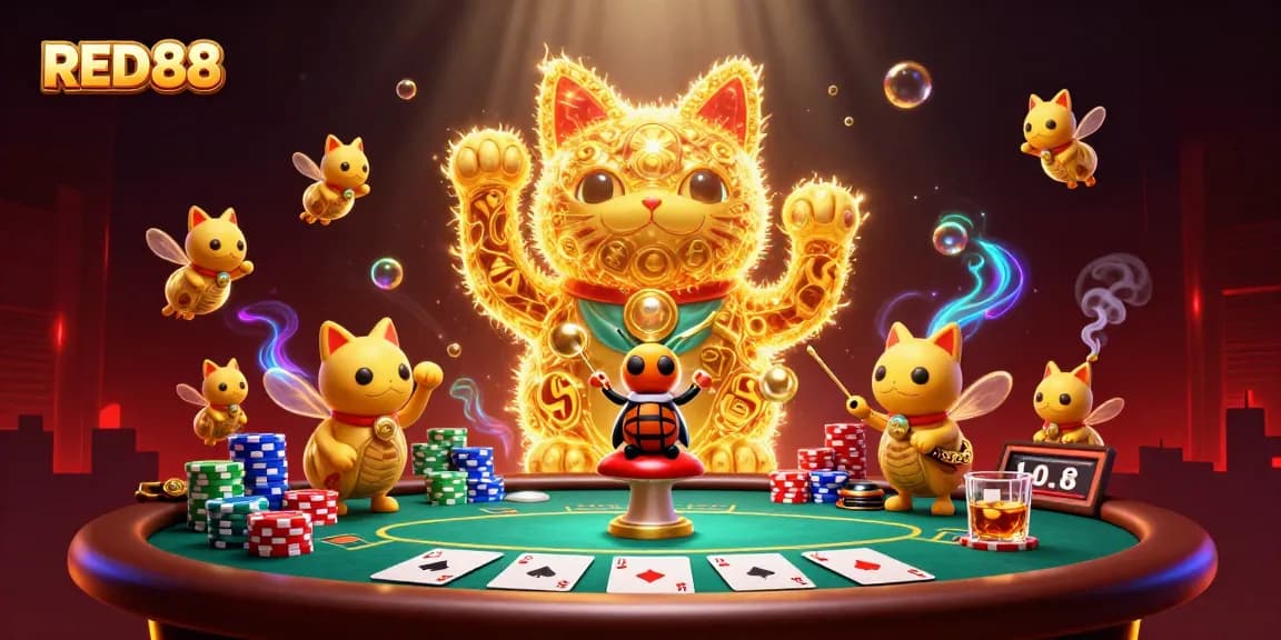 Experience RED88's thrilling casino atmosphere with vibrant golden fireflies and poker elements.