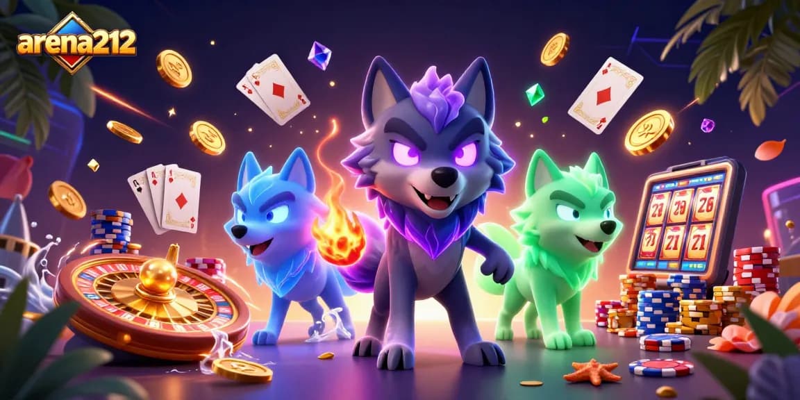 Memenangkan jackpot dengan arena212, ilustrasi menarik permainan kasino dengan simbol yang menarik dan suasana yang menyenangkan.