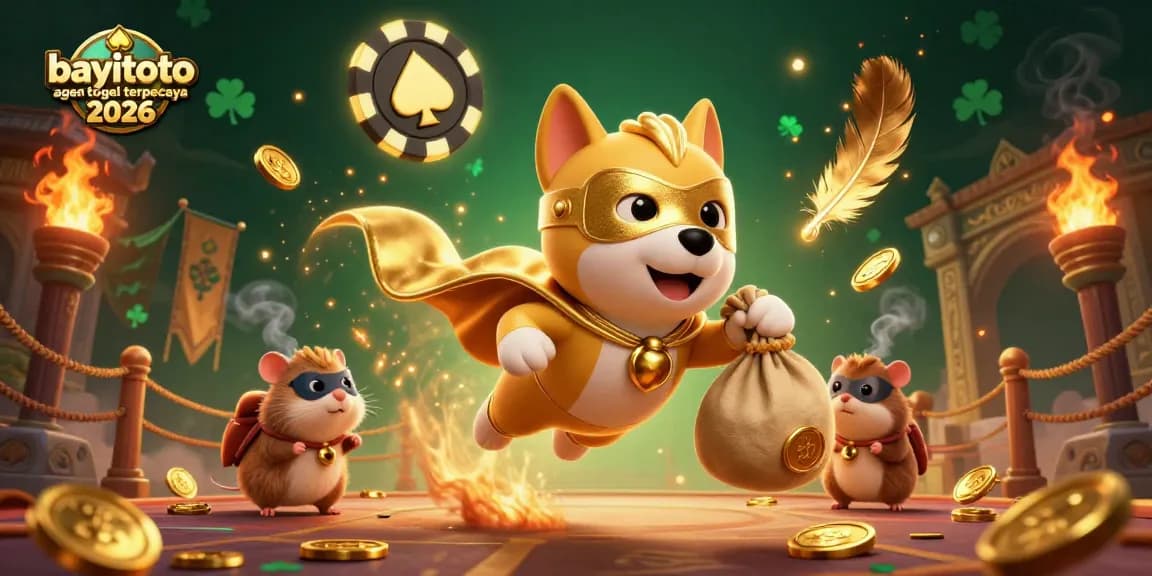 Plunge into action with bayitoto agen togel terpercaya 2026, where a superhero dog carries gold coins in an exciting gambling atmosphere.