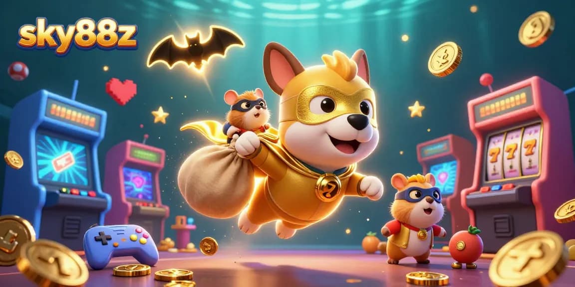 sky88z showcases a vibrant illustration with a superhero dog and hamster in an exciting casino scene