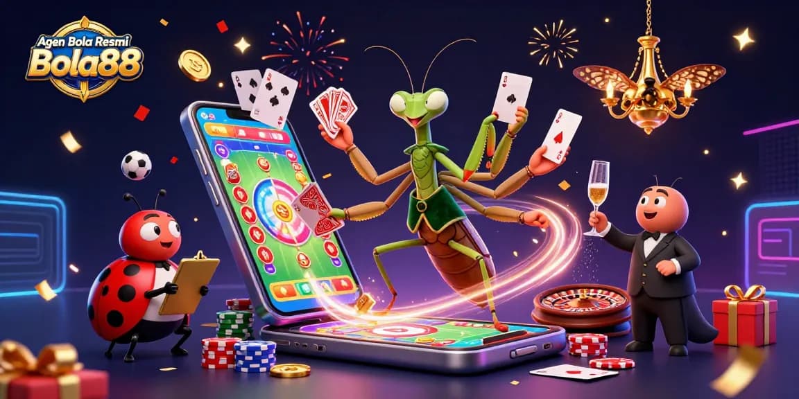 Agen Bola Resmi Bola88 showcases dynamic sports betting action with engaging characters and game elements.