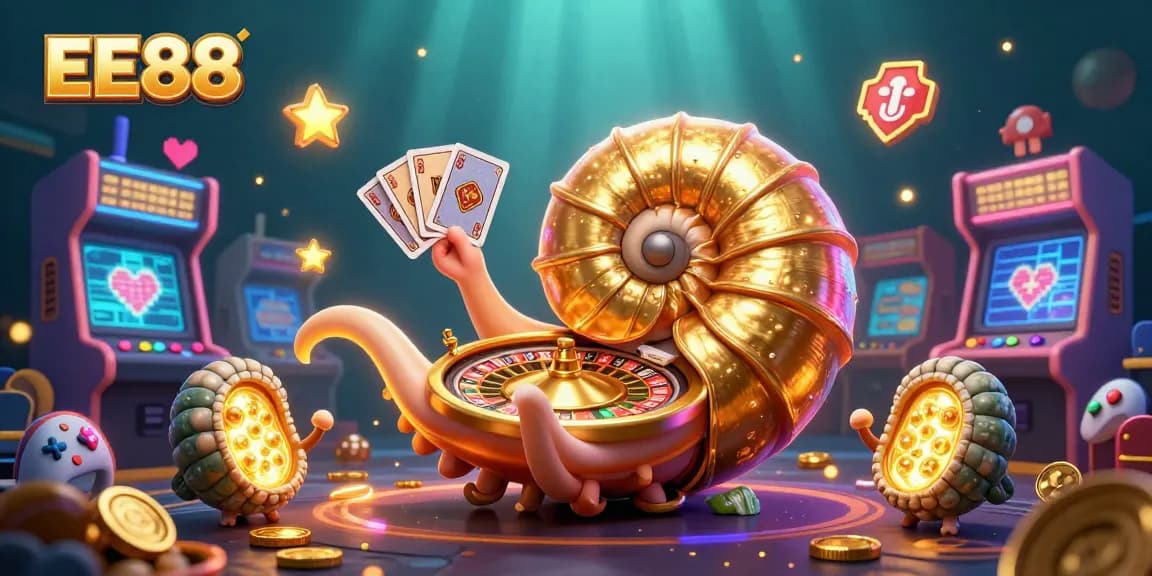 Win big with EE88 at the casino, featuring a giant nautilus roulette wheel and glowing game elements.