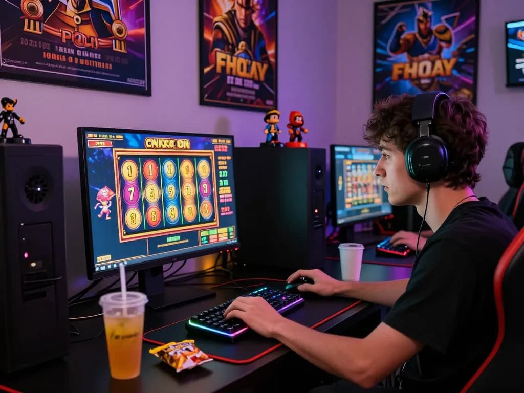 Pemain terbenam dalam permainan situs slot di meja komputer dengan visual yang dinamis.