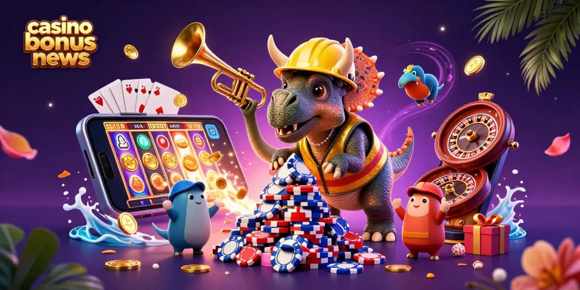 Experience exciting casino bonus news with dynamic characters celebrating and gaming action.