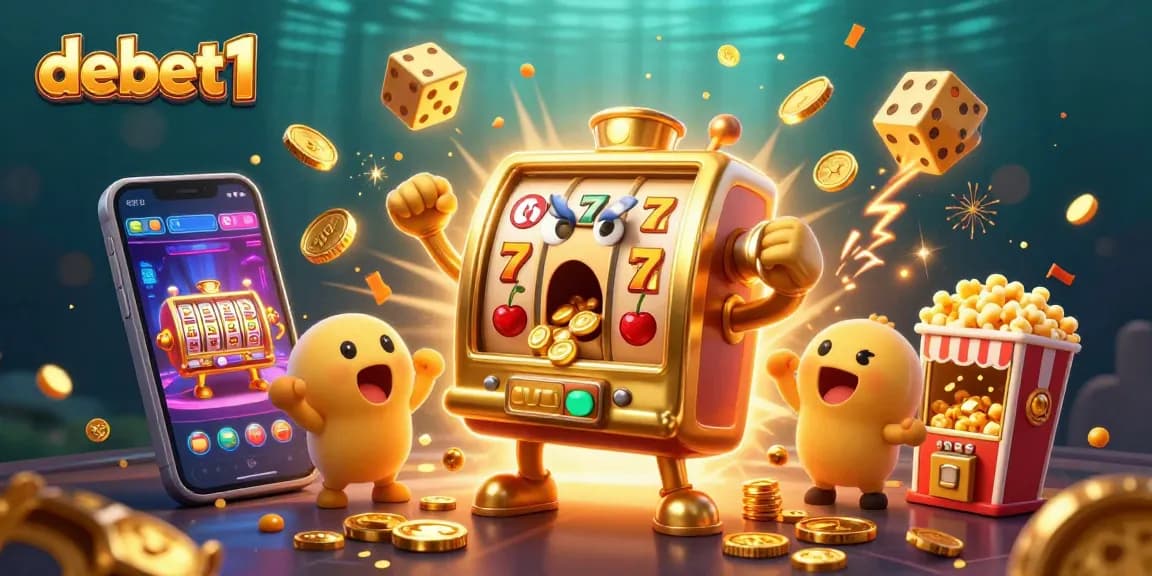 Engage with debet1's golden slot machine hitting a jackpot in a vibrant casino scene filled with celebratory elements.
