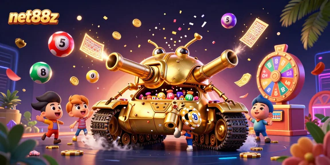 Experience the thrilling net88z casino vibe with vibrant lottery balls and a confetti-filled scene.