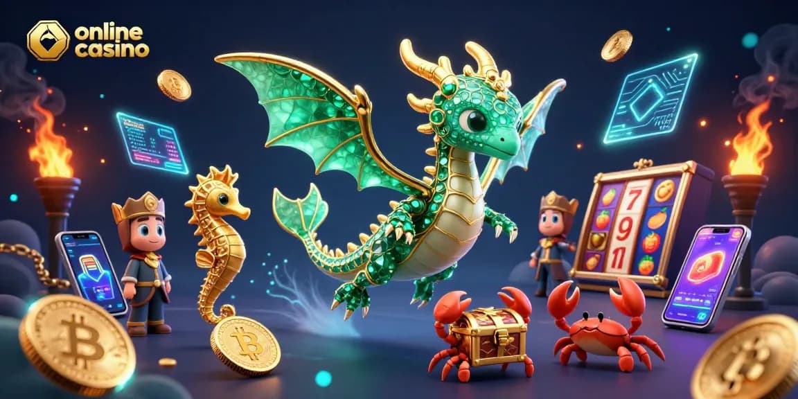 Engage with the vibrant online casino Philippines scene featuring a sea dragon, crypto elements, and slot symbols.