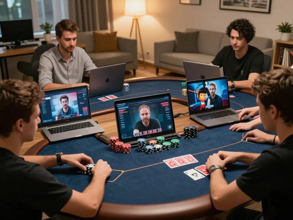 Rasakan sensasi permainan poker online dengan EKOTOTO yang menampilkan pemain yang terbenam dalam strategi dan kegembiraan.