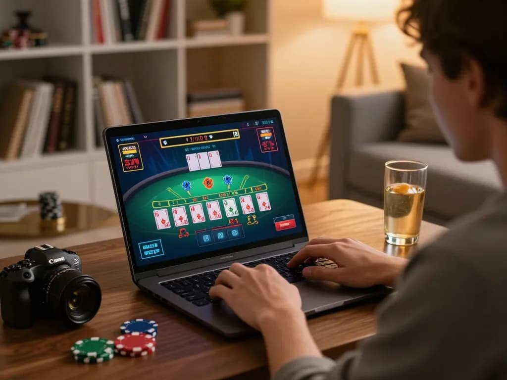 Engaging moment on bdtk66.one as a player follows online blackjack gameplay, showcasing a vibrant laptop screen.