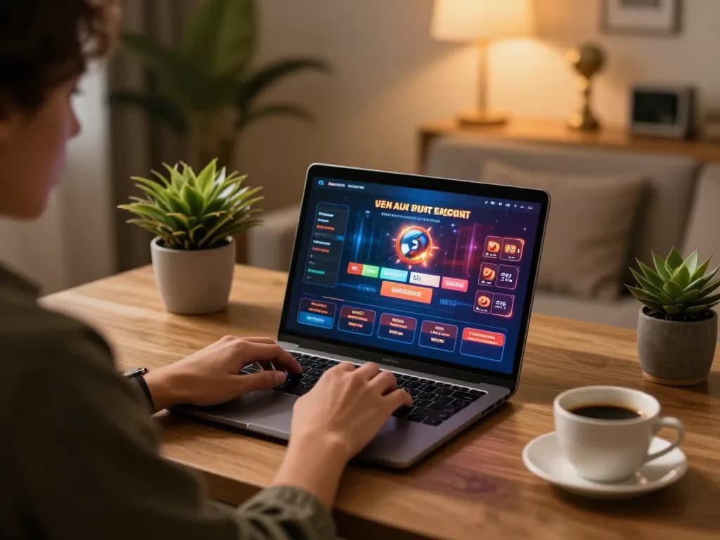 Engaged player using laptop for online gaming at https://impactxoft.com/, showing a vibrant casino interface.