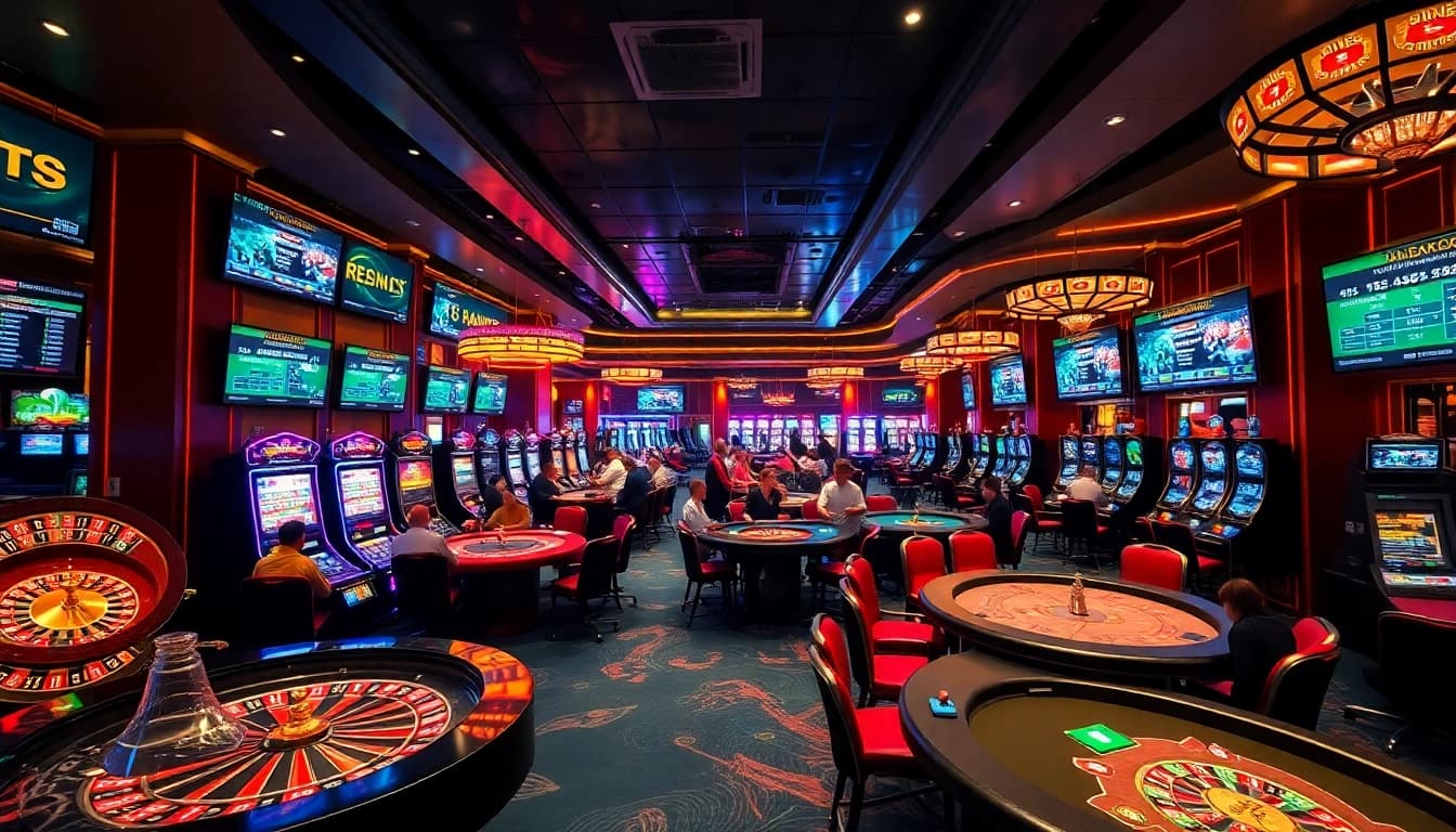 Exciting gaming action at LV88 casino showcasing roulette wheels and colorful chips.