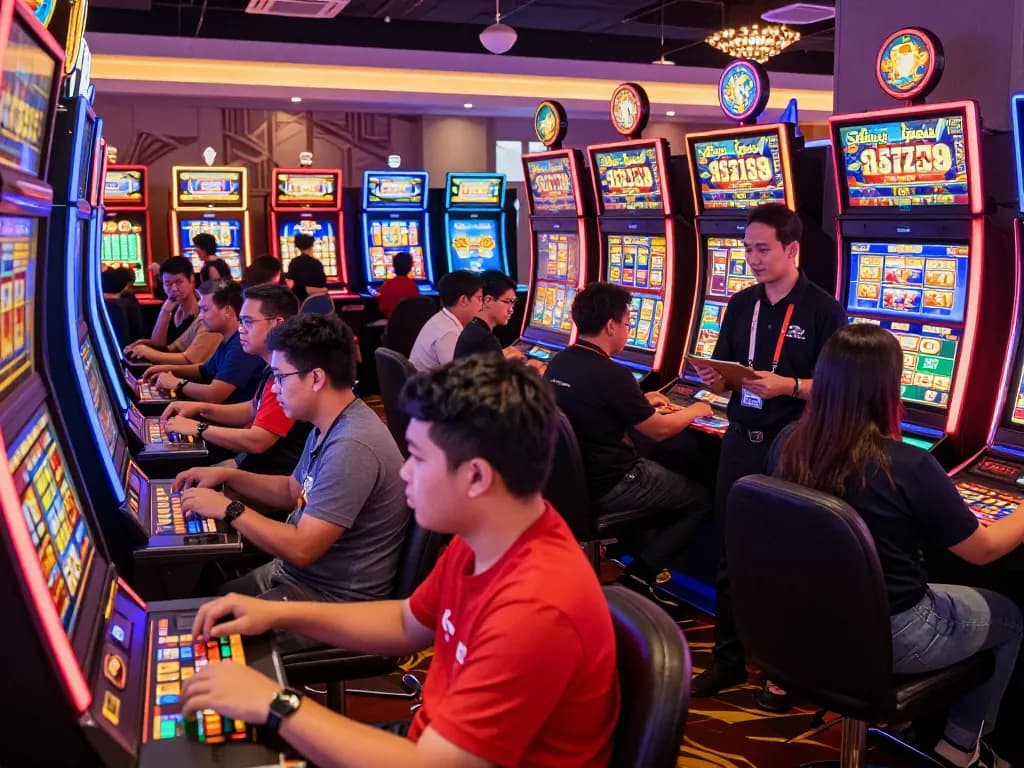 Pemain yang terlibat menikmati slot gacor hari ini dalam suasana kasino yang hidup dengan lampu dan suara berwarna-warni.