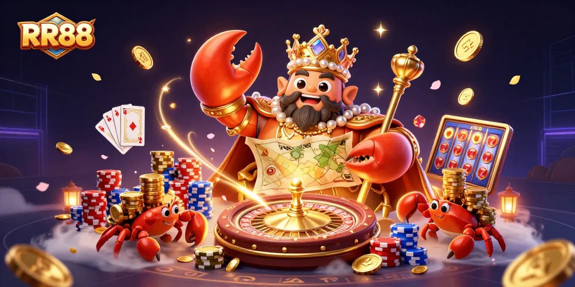 Experience RR88's thrilling casino adventure featuring a golden crab emperor surrounded by sparkling treasures and dynamic gaming elements.