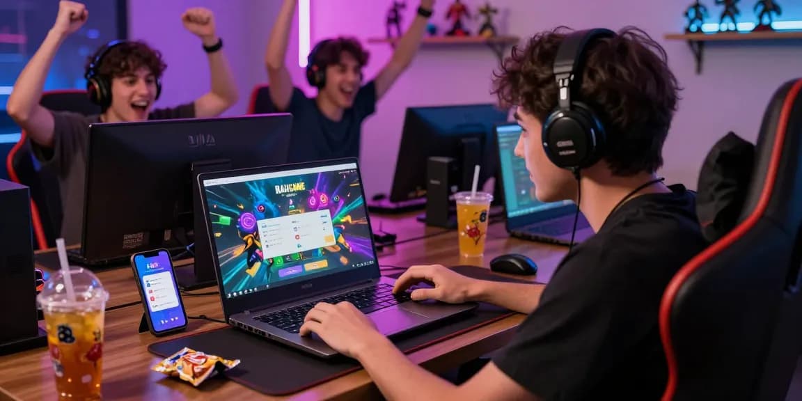 User engaging with Raja Game login screen on laptop, vibrant gaming setup with friends and snacks.