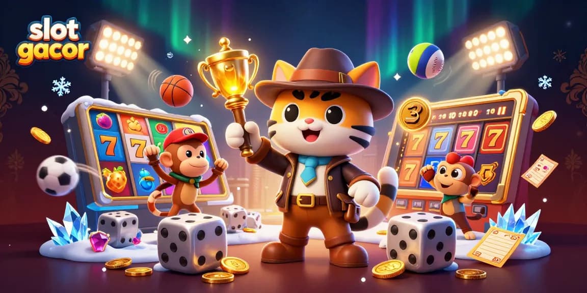Engage in slot gacor with an adventurous cat and mesmerizing casino artifacts in a vibrant temple.