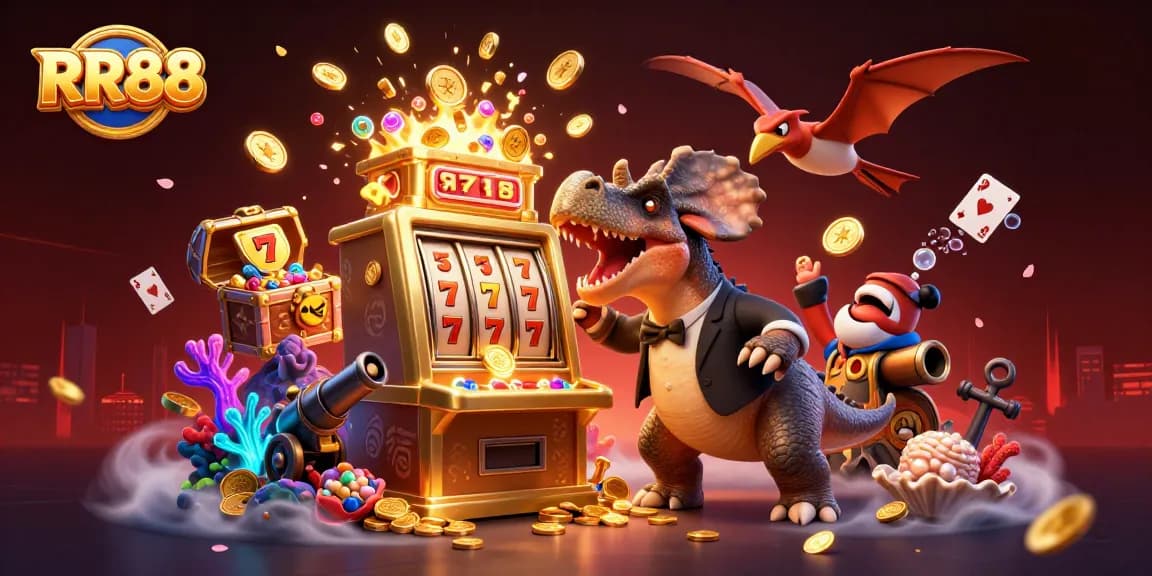 Experience RR88's exciting jackpot wins with a dynamic scene featuring casino characters and vibrant game elements.