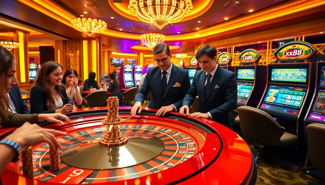 Experience the excitement of xx88's casino with vibrant roulette tables and high-stacked chips.