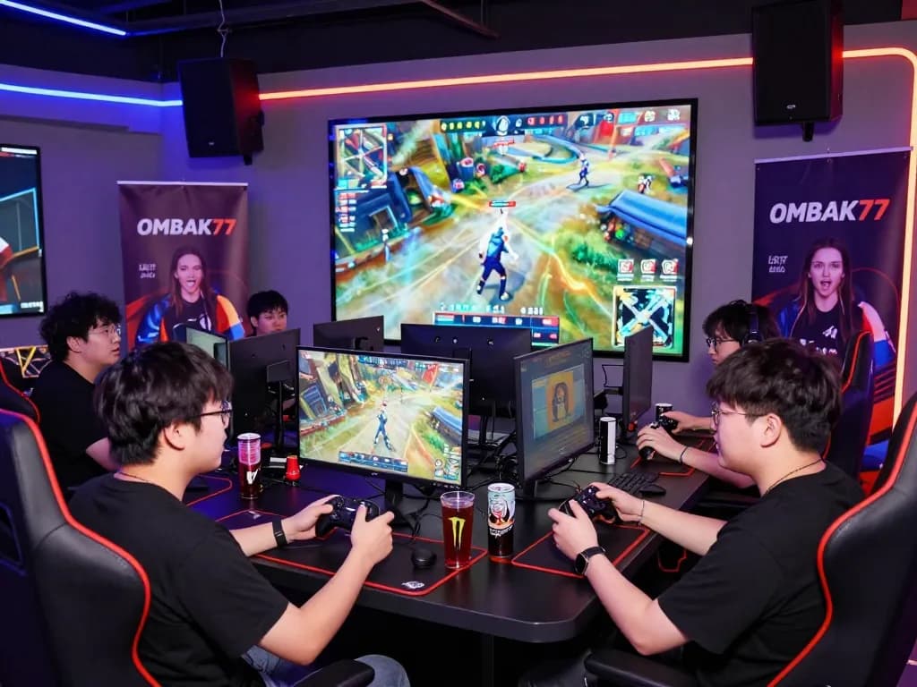 Players experiencing the excitement of OMBAK77 in a vibrant gaming lounge.