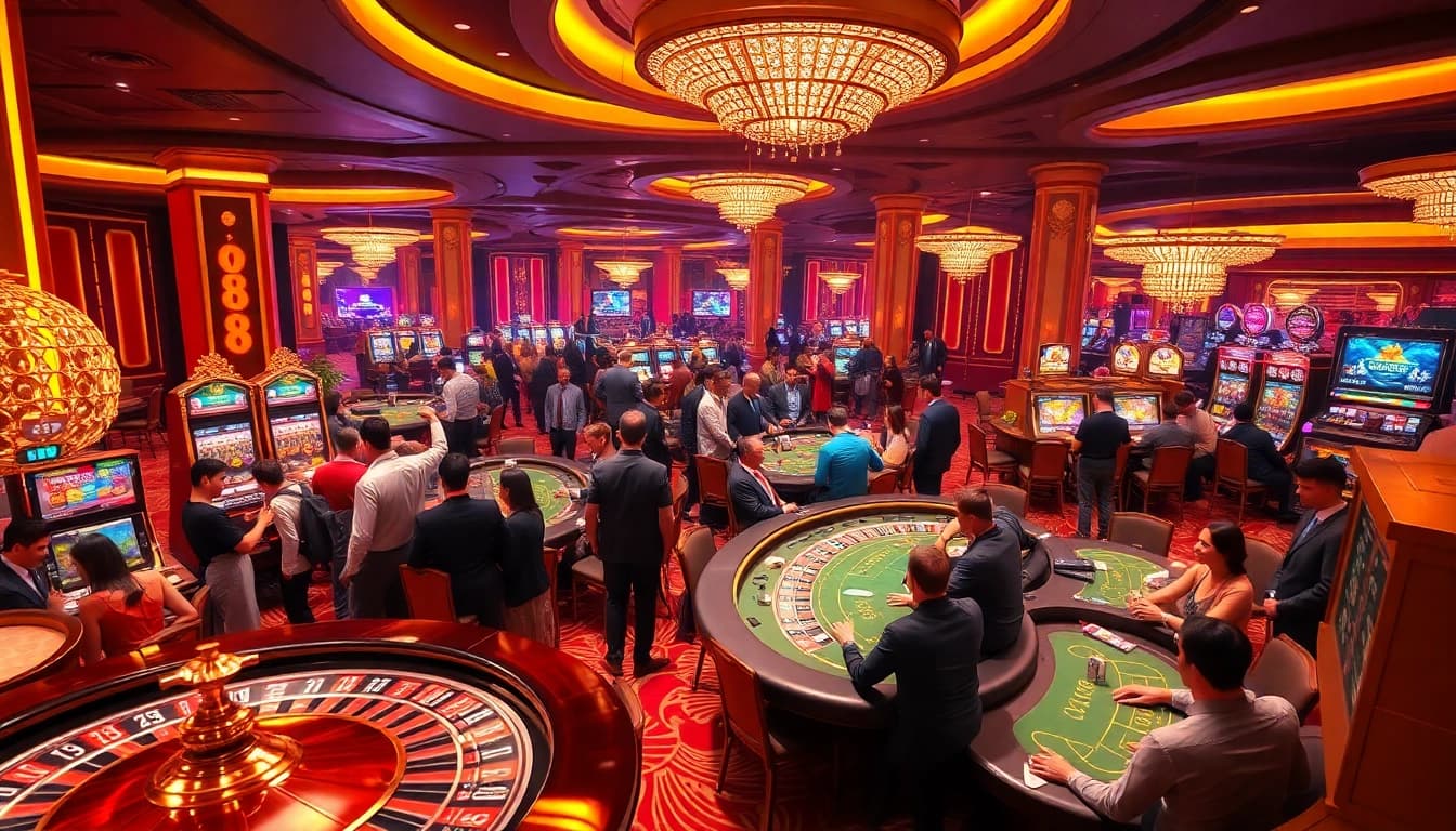 Experience the thrill of J88 with vibrant gambling action at a luxurious casino floor.