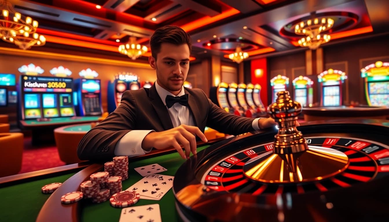Engaging action of a professional gambler using NK88 top platform to place strategic bets on live casino tables with vibrant chips