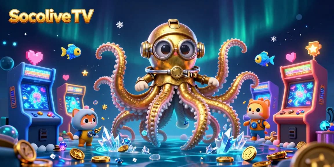 Experience Socolive TV with a spectacular underwater scene featuring a kraken, diving cat, and glowing deep-sea fish.
