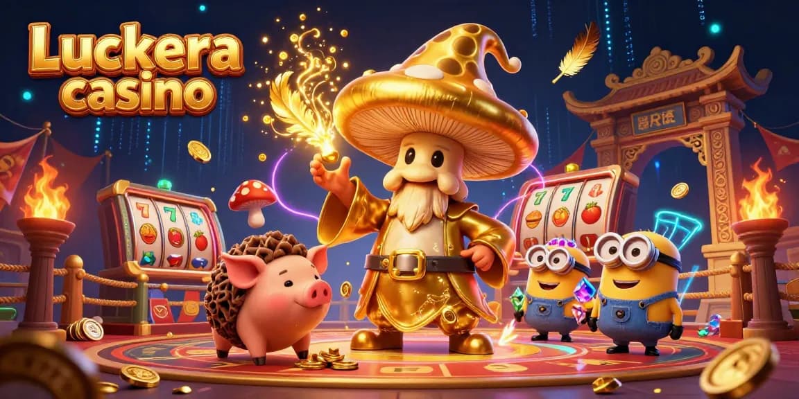 Experience the magic of Luckera casino with a golden mushroom wizard and treasure-seeking pig in this vibrant scene.