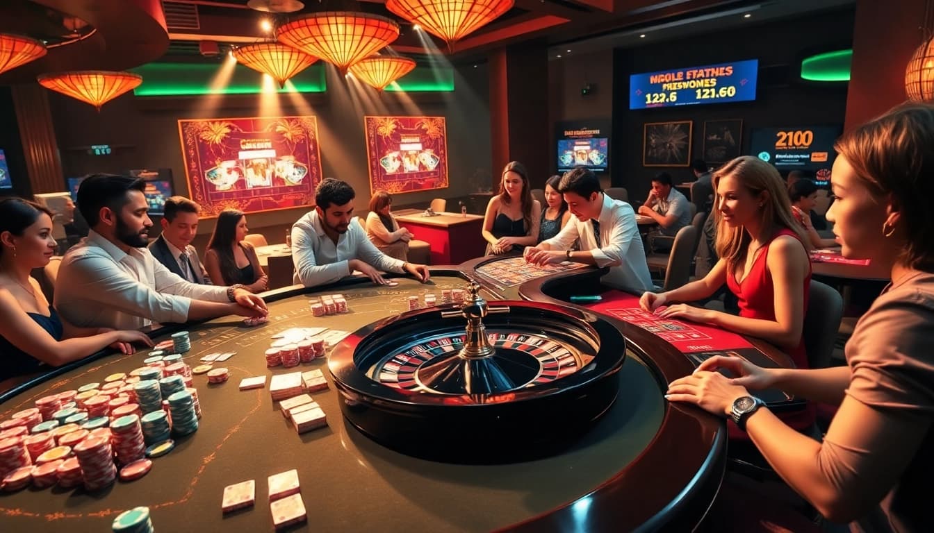Experience the excitement of game đánh bài đổi thưởng with vibrant casino scenes and enthusiastic players.