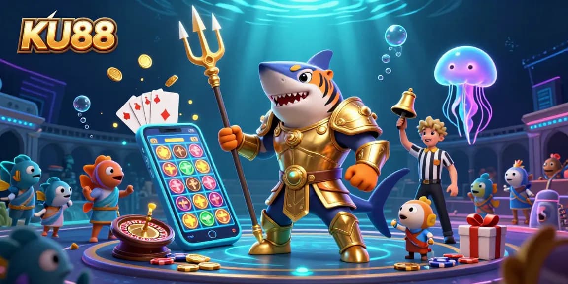 Engage in the vibrant gaming experience at KU88's underwater theme with a gladiator shark and glimmering slot elements.