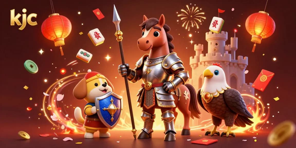 KJC showcases a vibrant online casino experience with a knight, puppy, and falcon, celebrating immersive gaming.