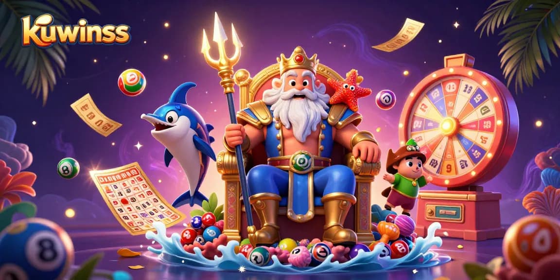 Engage with kuwinss in this dynamic 3D casino scene featuring Neptune and vibrant gaming elements.