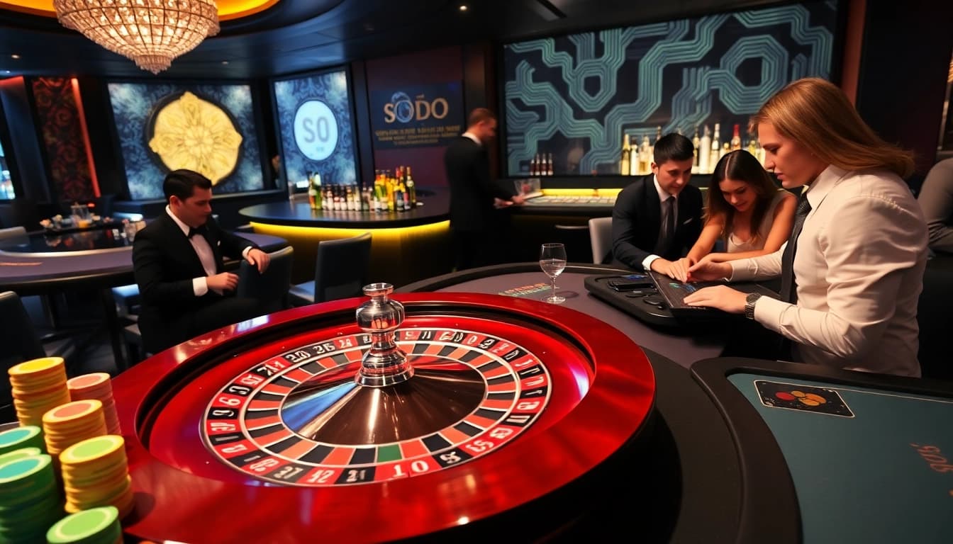 SODO casino scene showcasing a roulette wheel and poker chips with an elegant ambiance.