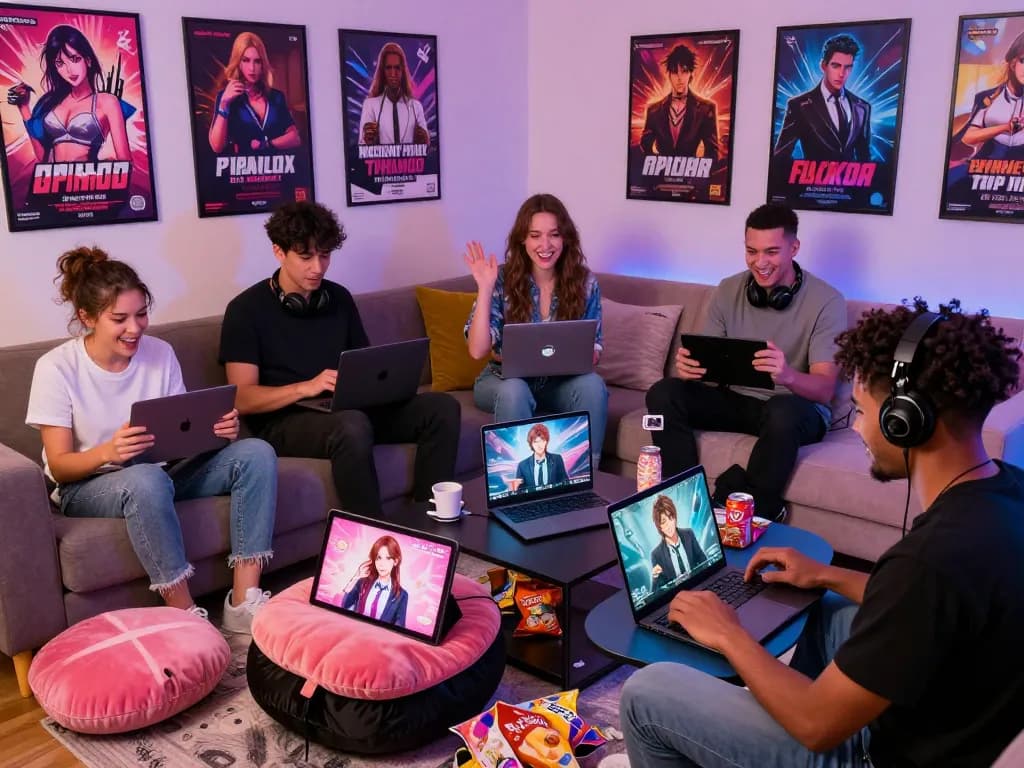 Friends enjoying popular sex games on laptops and tablets in cozy living room.