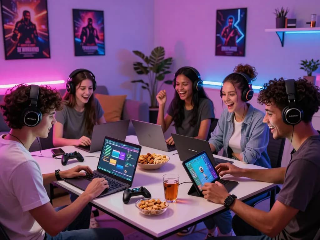Group of friends enjoying gaming on Dewi100 in a vibrant living room setting.