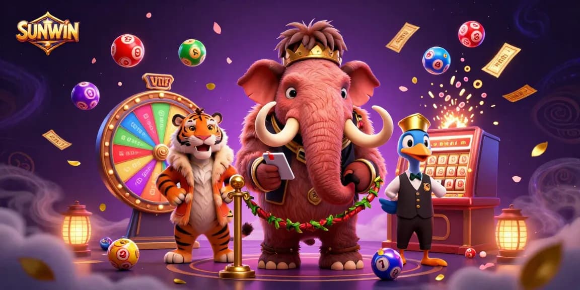 Join the adventure at SUNWIN with vibrant lottery balls, an engaging prize wheel, and exotic characters.