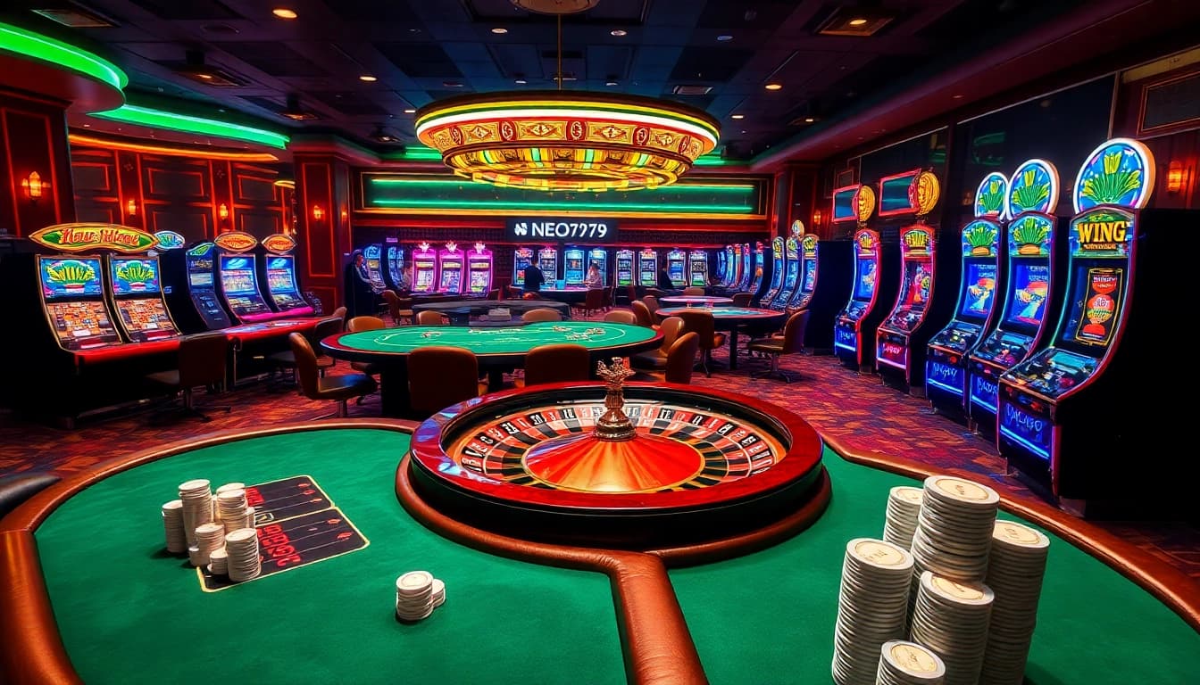 Experience the thrill of NEO79 with vibrant casino games, poker chips, and a roulette wheel.